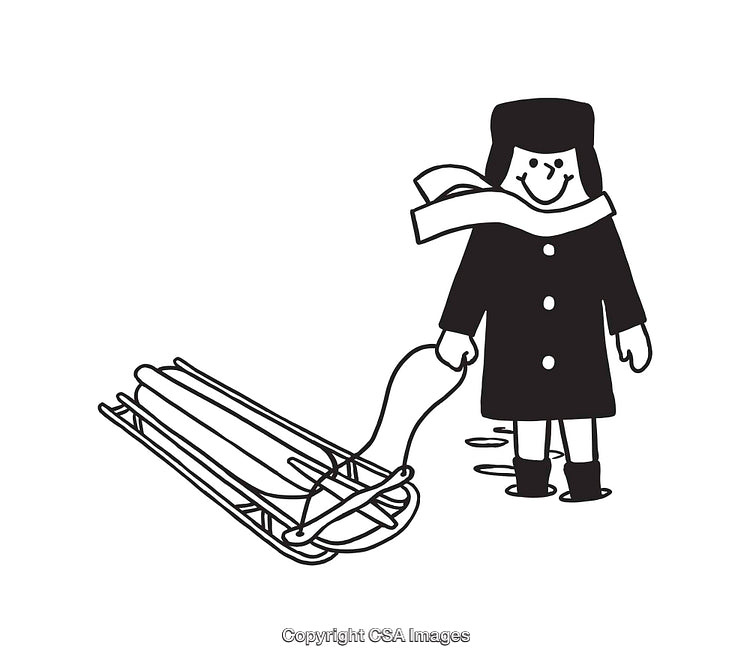 Winter Line Art Drawing of a Happy Child Pulling a Sled