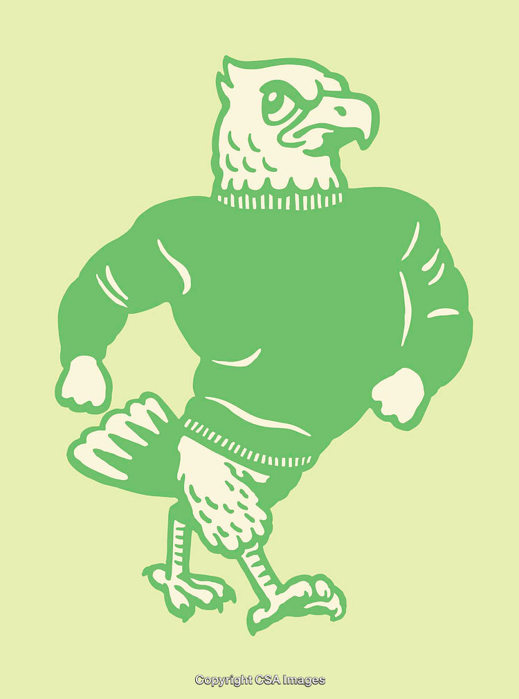 Muscular Cartoon Eagle in Sweater Illustration on Light Green Background