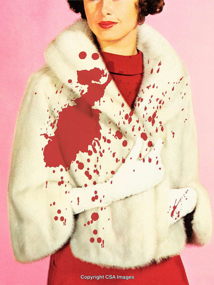 Vintage Fur Coat Design with Artistic Red Paint Splashes and Stylish Composition