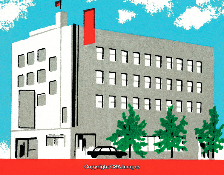 Modern Building With Trees and Car Amid Urban Setting in Stylized Illustration