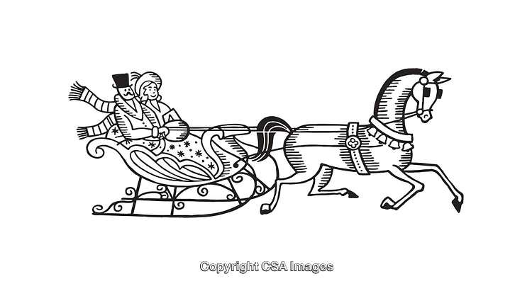 Festive Horse-Drawn Sleigh Illustration Featuring Couple in Winter Clothing