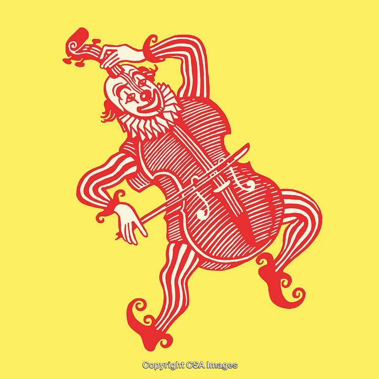 Colorful Line Art of a Jester Playing a Cello on Yellow Background