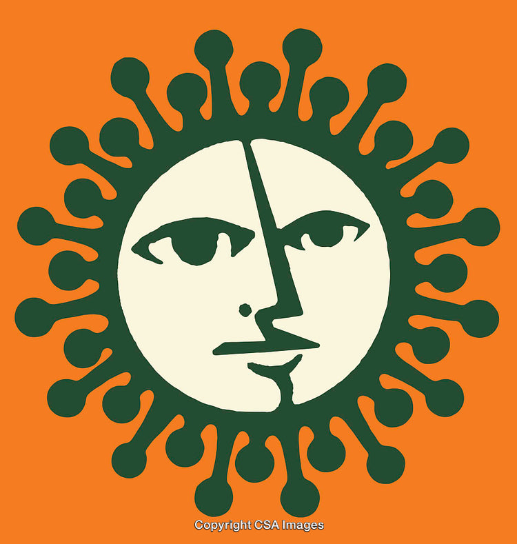 Symbolic Illustration of Sun Face with Radial Extensions on Orange Background