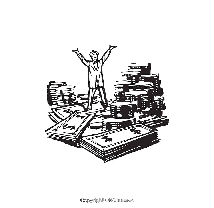 Man Joyfully Standing Amongst Coins and Banknotes in Line Art Style