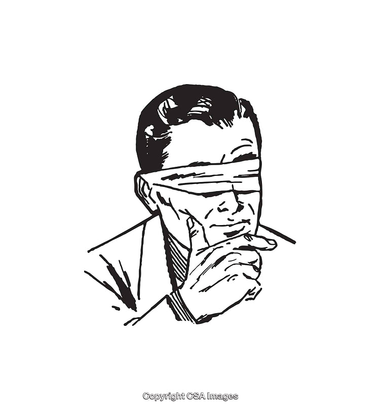 Retro Line Art of Blindfolded Man in Thoughtful Pose