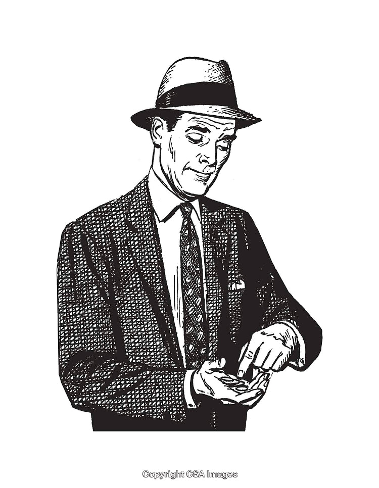 Retro Line Art Man Counting Coins in Thoughtful Pose