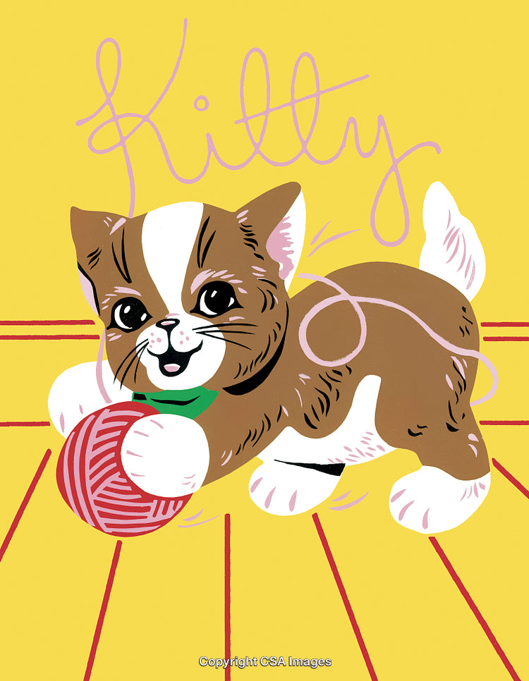 Playful Illustrated Kitten With Yarn Ball on Bright Yellow Background