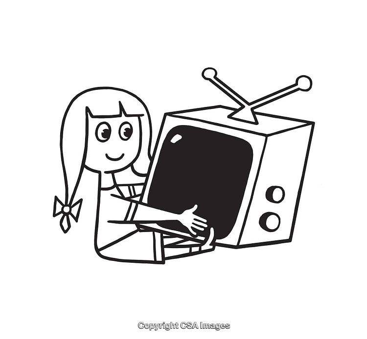 Black and White Illustration of Girl Hugging Retro Television