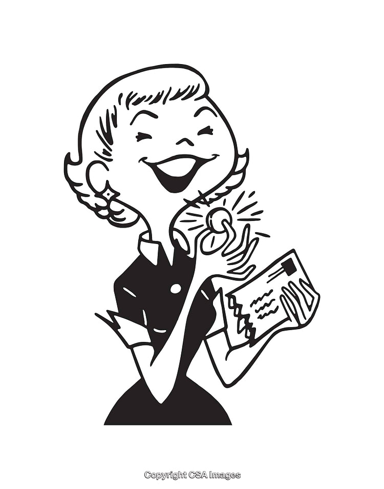 Vintage Black and White Illustration of a Happy Woman with Mail