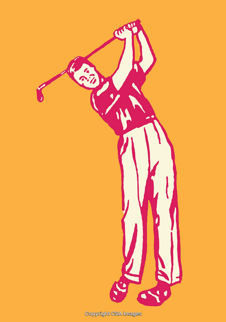 Stylized Illustration of Golfer Swinging Club on a Solid Background