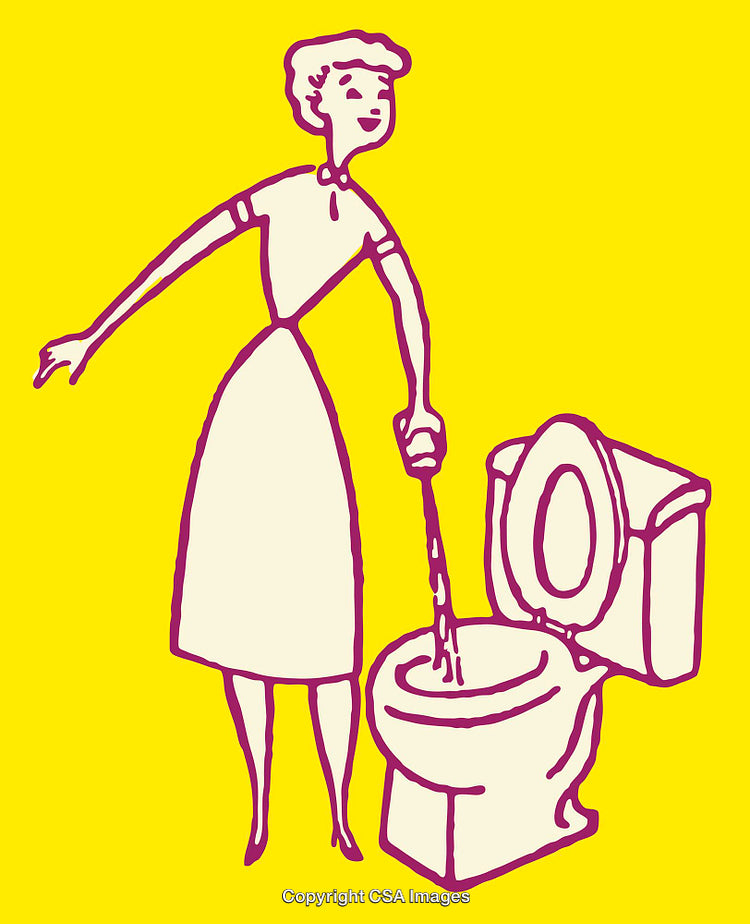 Retro Style Line Art of Woman Cleaning Toilet with Plunger