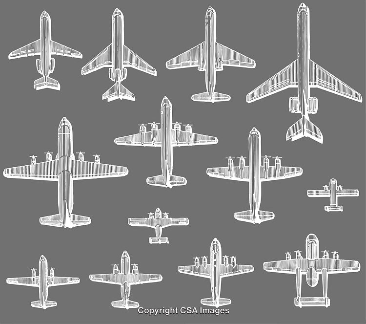 Vintage Aircraft Diagrams Depicting Various Airplane Types on Gray Background