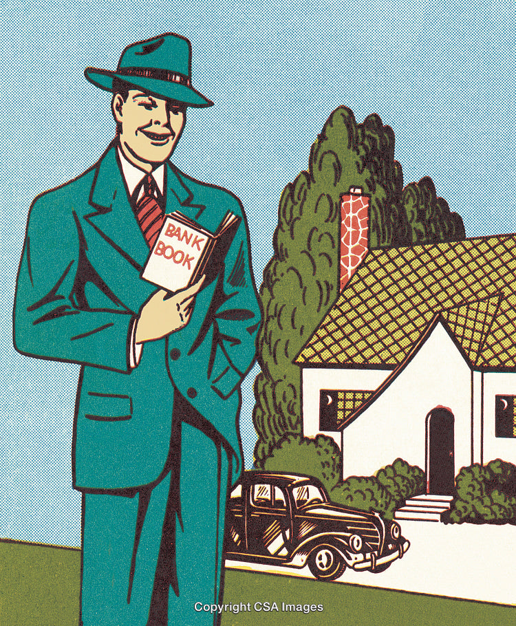 Vintage Illustration of a Man with Bank Book and House in Background
