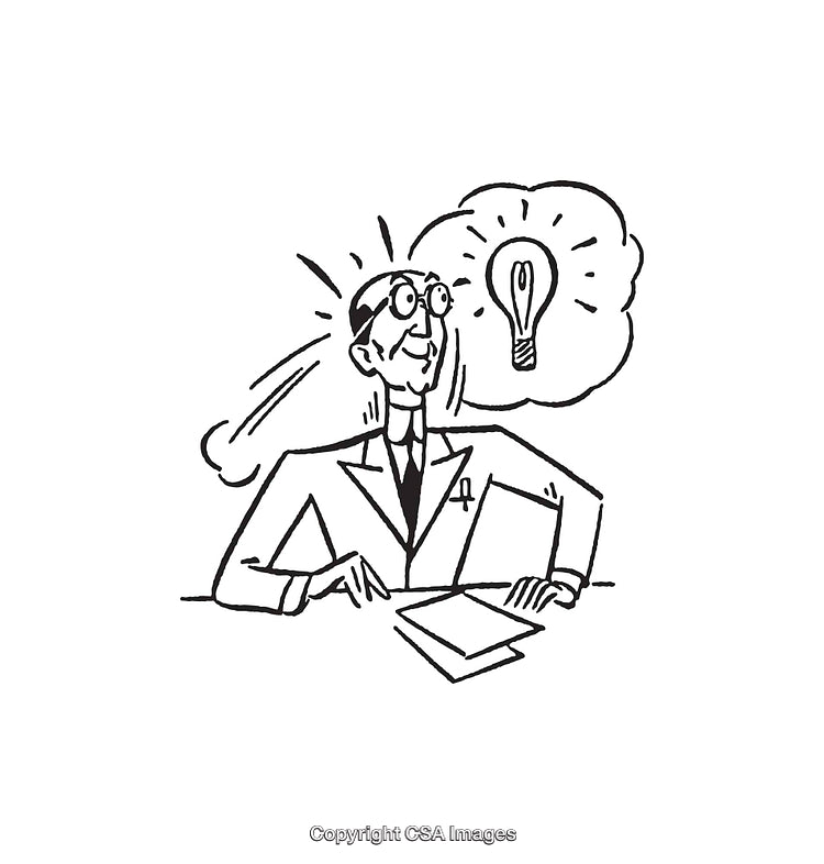 Black And White Line Art of a Scientist Brainstorming an Idea