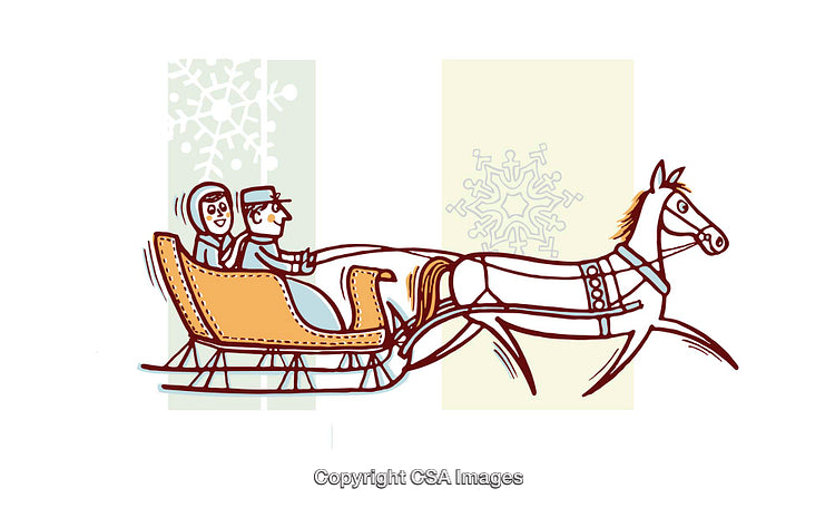 Charming Illustration of Horse-Drawn Sleigh with Snowflakes in the Background