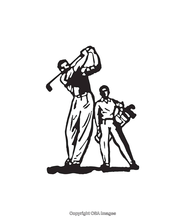 Black and White Golf Player Swinging with a Caddie Illustration