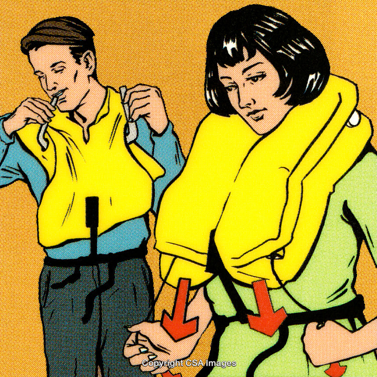 Illustration of People Using Inflatable Life Jackets for Safety Instructions