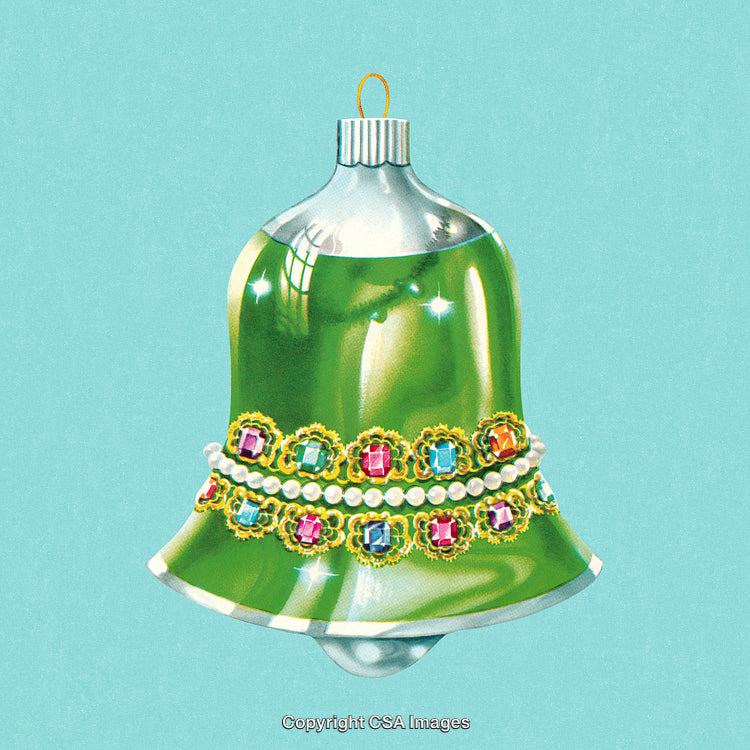 Green Christmas Bell Ornament Adorned with Pearls and Colorful Gems