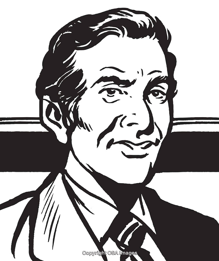 Black and White Ink Drawing of a Smiling Professional Man in a Tie