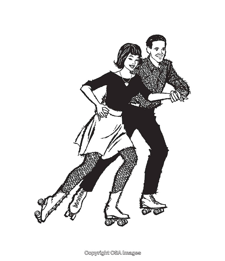 Retro Line Art Depicting a Couple Roller Skating Together Smiling