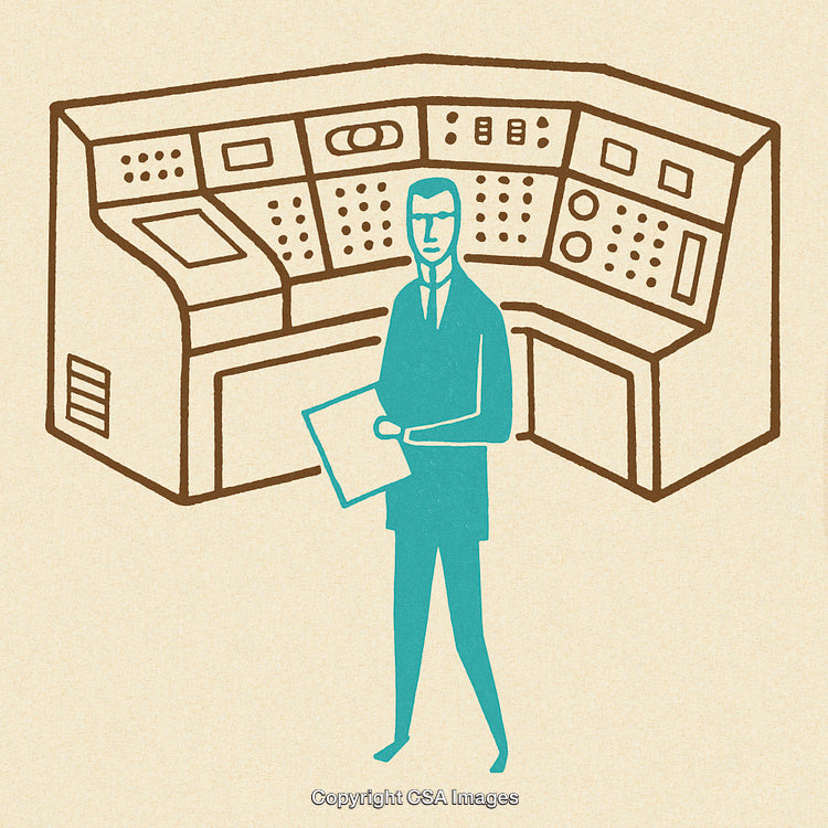 Retro Styled Illustration of a Professional in a Technological Control Station