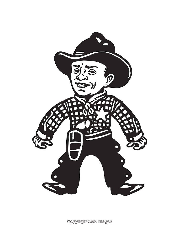 Black and White Illustration of a Cowboy Character with Hat and Badge