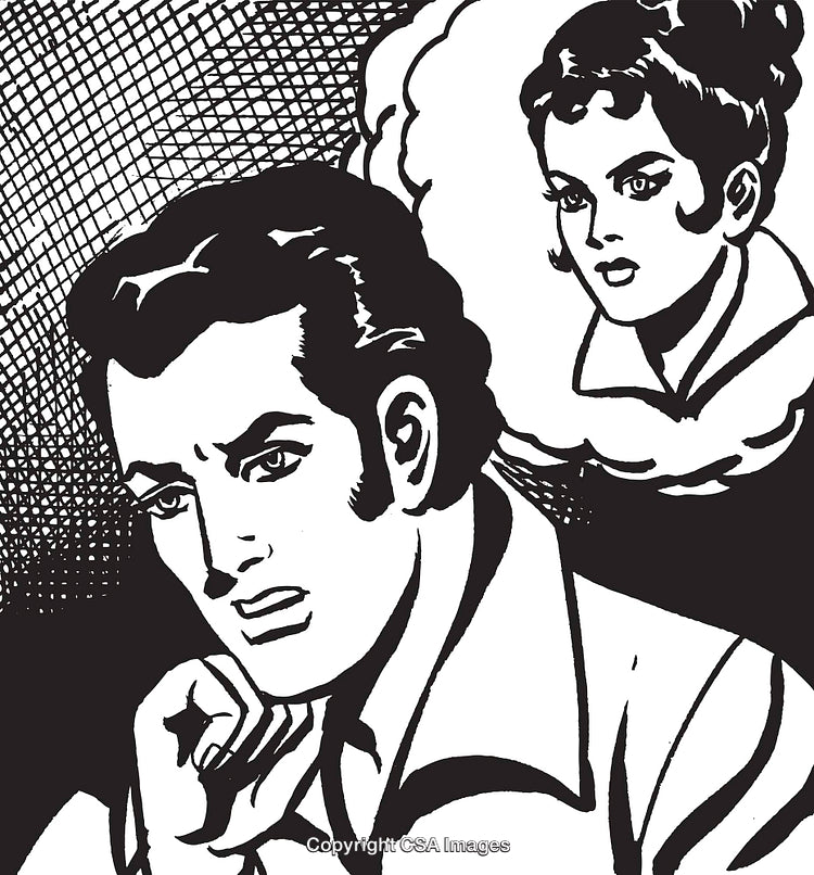 Retro Style Illustration Featuring a Thoughtful Man Remembering a Woman