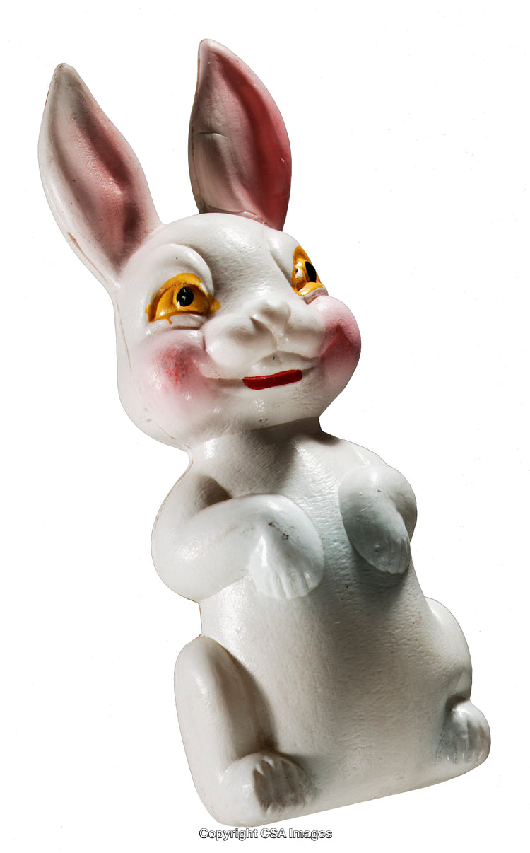 White Bunny Figurine Standing on Hind Legs with a Cheerful Expression