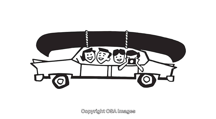 Illustration of Car Loaded with Happy Family and Canoe on Top