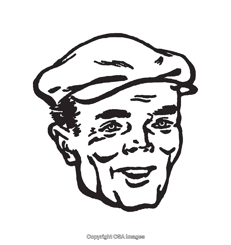 Black and White Line Art of Smiling Man Wearing a Cap