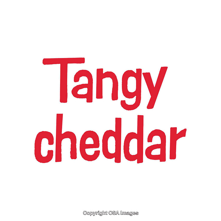 Vivid Red Text on White Background Reading 'Tangy Cheddar'