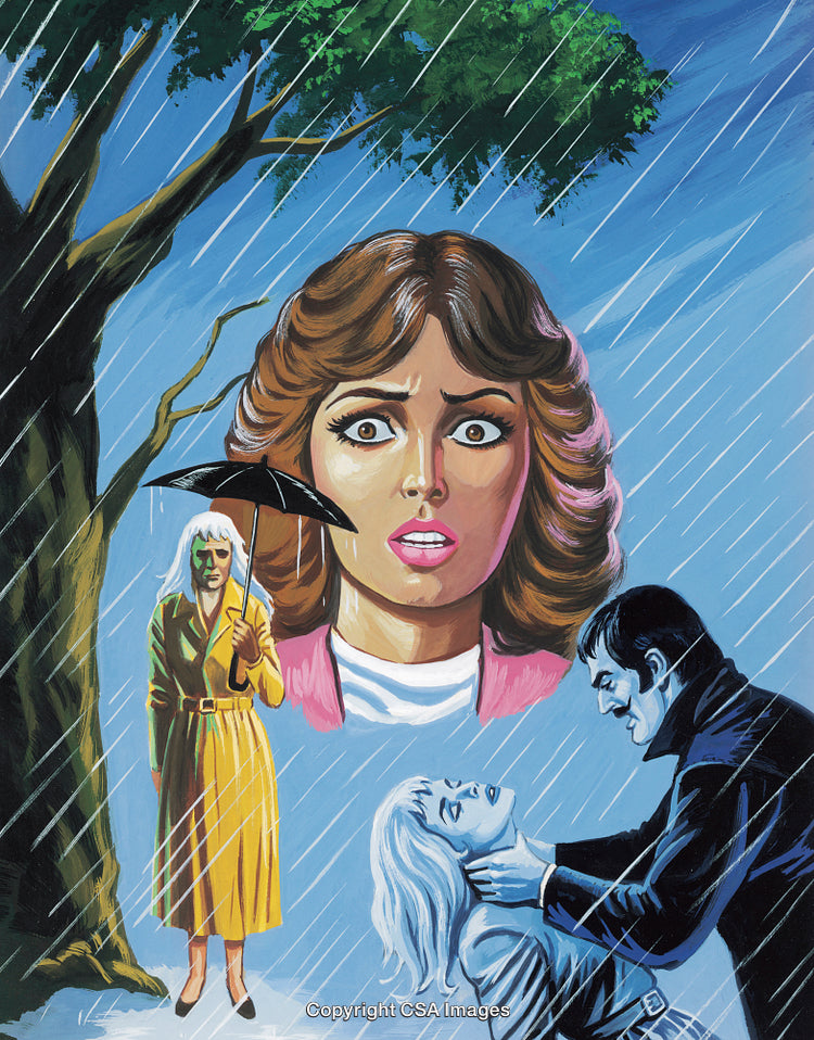 Dramatic Illustration of Suspenseful Scene with Characters and Vibrant Imagery