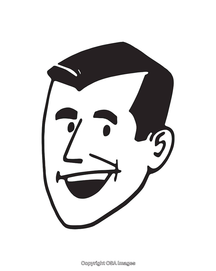 Retro Black and White Smiling Face Illustration in Line Art Style