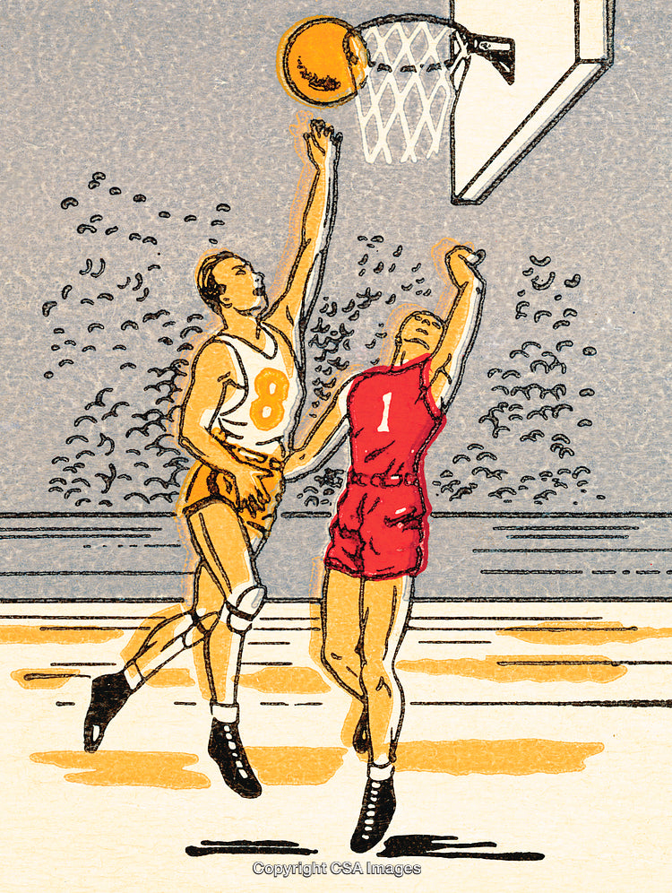 Retro Illustration of a Basketball Scene with Players and Hoop