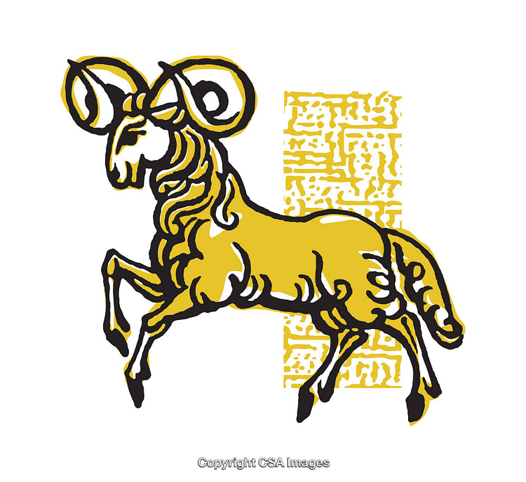 Golden Ram Illustration with Artistic Details and Intricate Background Pattern