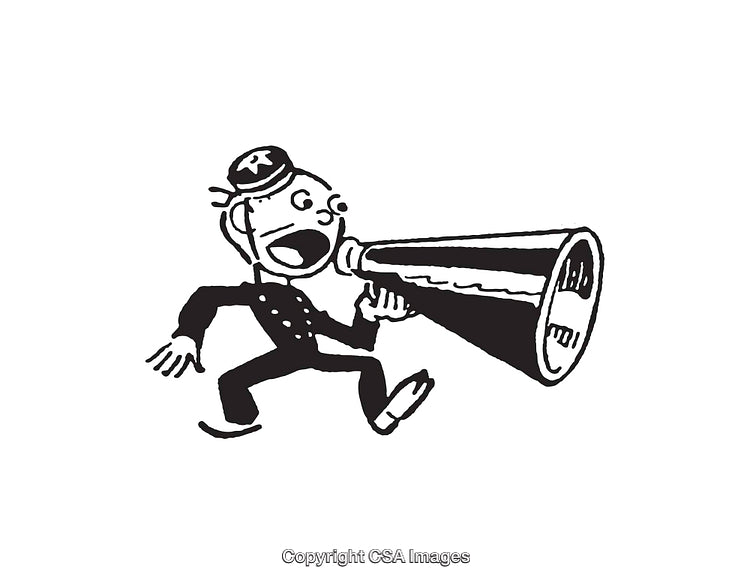 Vintage Black and White Line Art of Person Speaking with Megaphone
