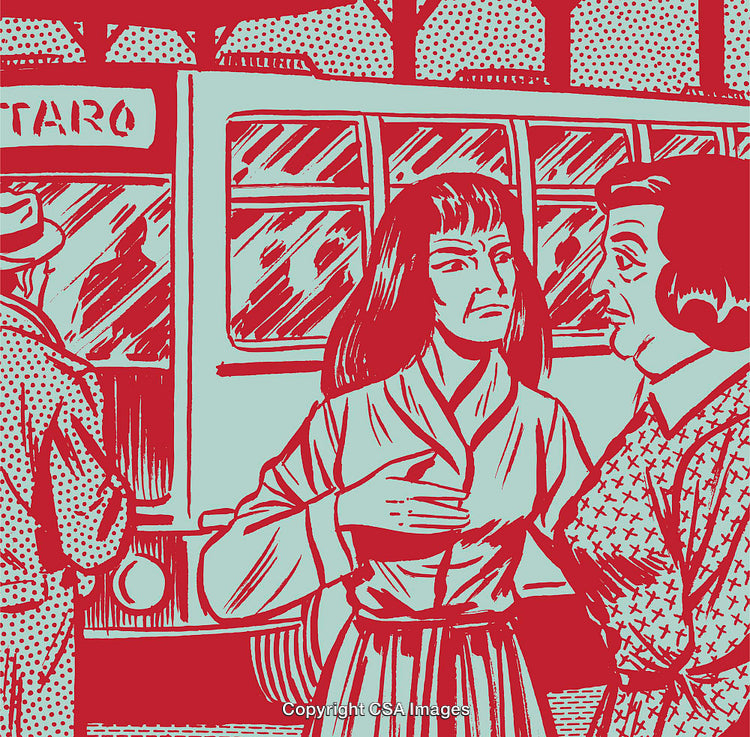 Retro-Inspired Illustration of Women Interacting at a Bus Stop
