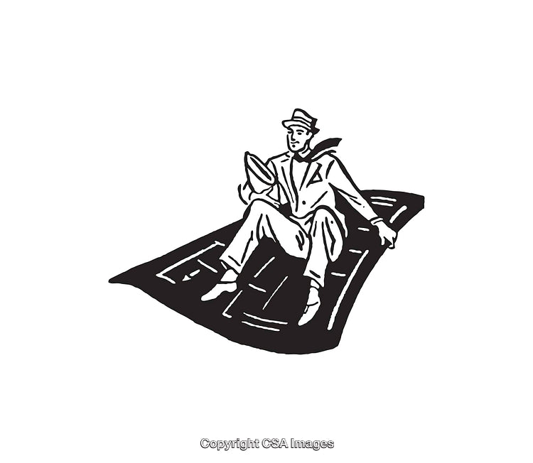 Line Art of Man Sitting on a Flying Carpet Illustration