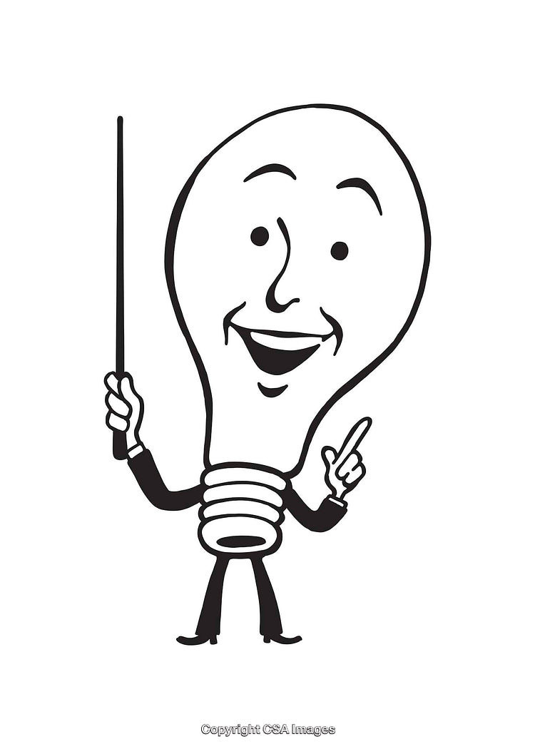 Black and White Illustration of Light Bulb Cartoon Character Pointing