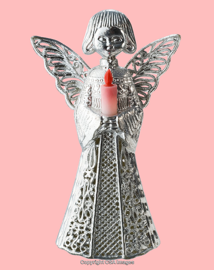 Silver Angel Figurine Holding a Candle on a Pink Background
