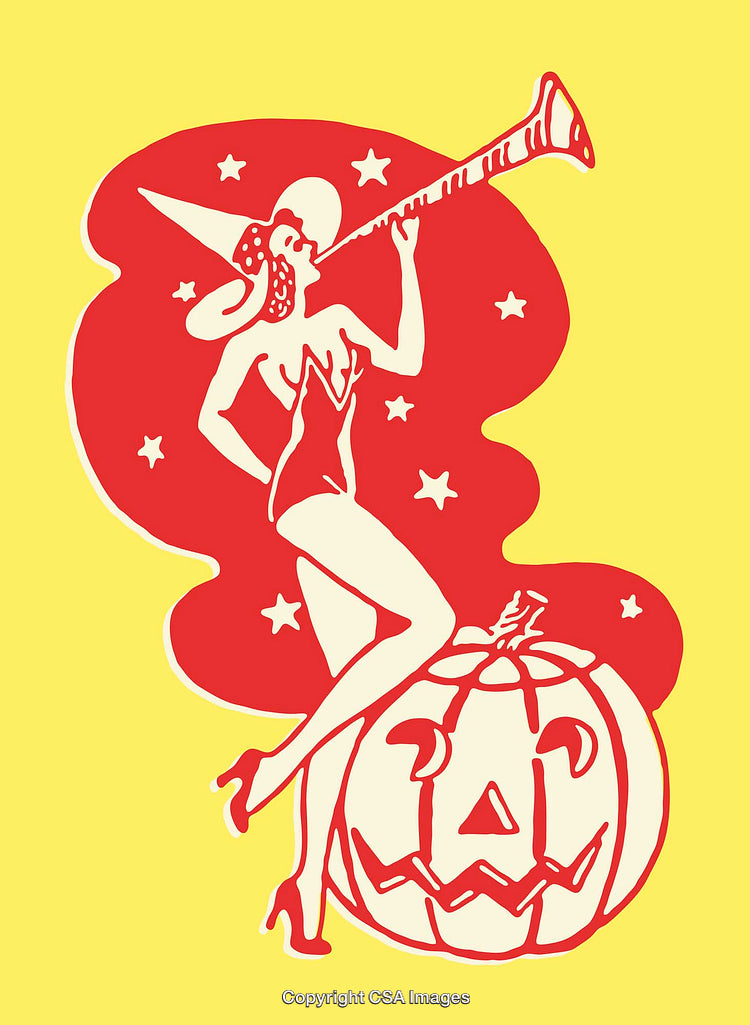 Vintage Witch Illustration with Pumpkin and Stars in Bold Colors