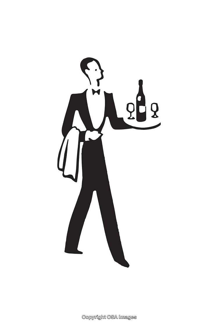 Waiter Serving Wine with Glasses in Stylish Black and White Design
