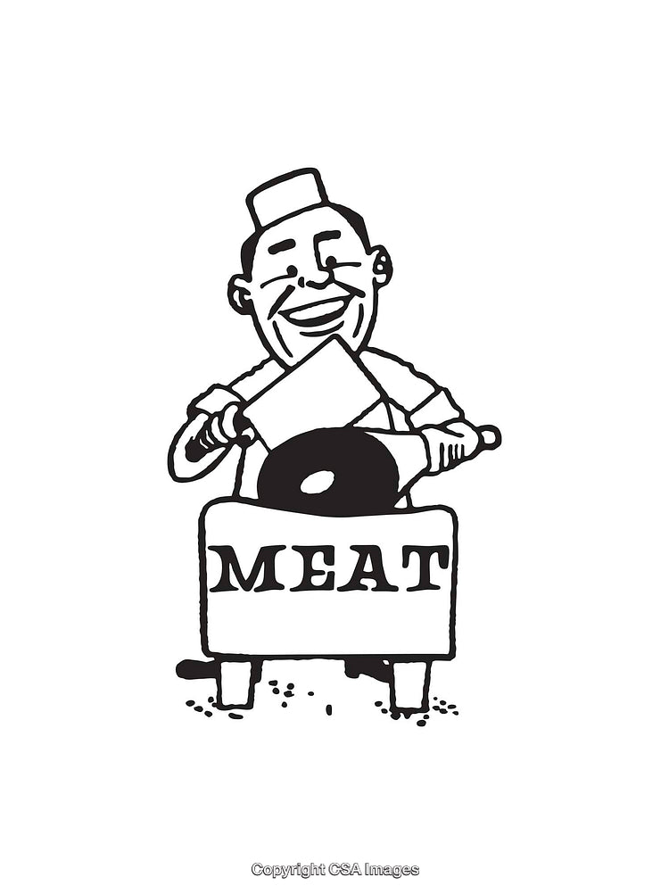 Black and White Illustration of a Smiling Butcher With Meat Cleaver and Table