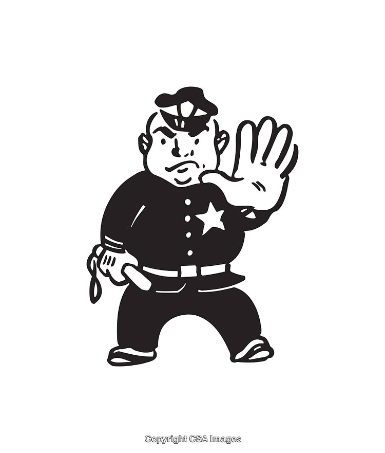 Black and White Line Art Illustration of a Police Officer Holding Up Hand