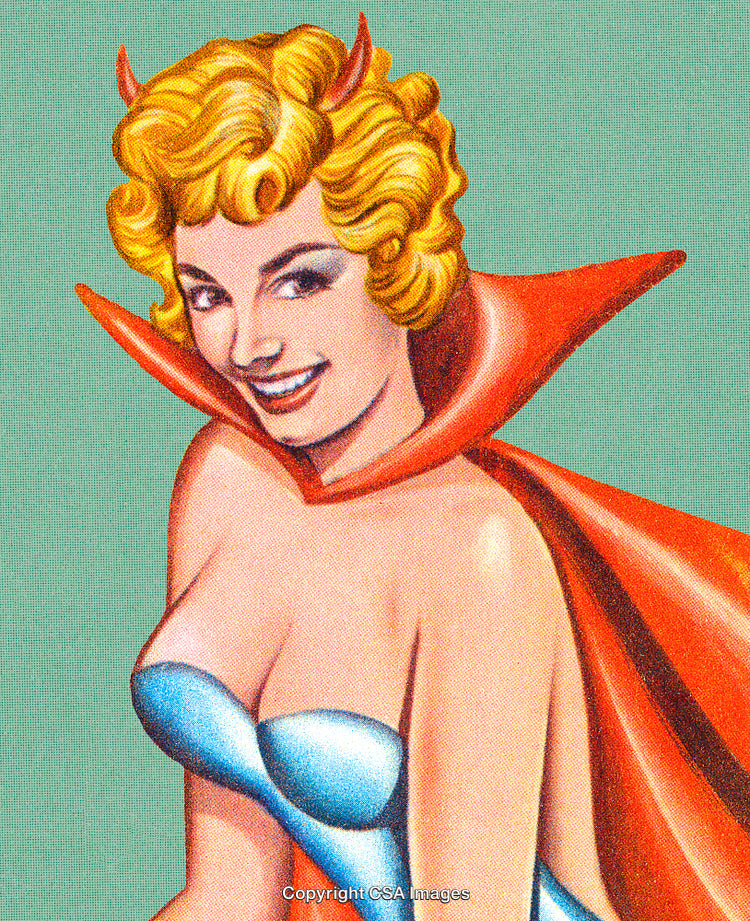 Vintage Pin-Up Artwork of a Cheerful Woman in Devil Costume