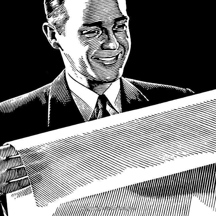Vintage Black And White Illustration of Businessman Holding Document