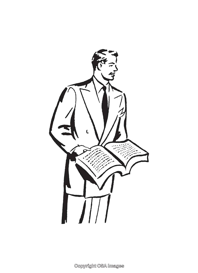 Illustration of a Man Reading an Open Book in Black and White