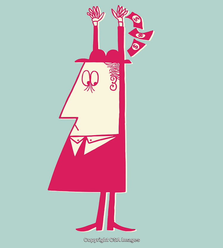 Quirky Line Art Illustration of a Man with Money Flying from Hat