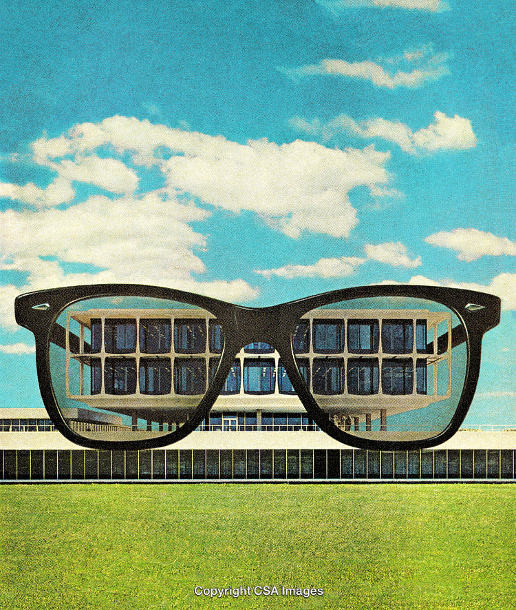 Surreal Illustration of Glasses Overlooking a Modern Building and Open Sky