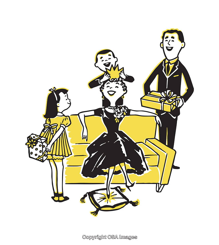 Family Celebrating Special Occasion with Gifts and Laughter in Vintage Illustration